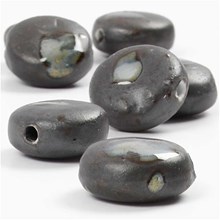 Pottery Beads, Größe 9x19 mm, grau-beige